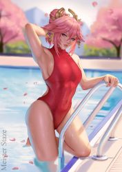 Rule 34 | 1girl, absurdres, arm up, armpits, artist name, bare arms, breasts, cherry blossoms, covered navel, genshin impact, hair bun, hand in own hair, highres, lips, looking at viewer, medium breasts, meister staze, nail polish, one-piece swimsuit, outdoors, parted lips, petals, pink hair, pink nails, pool ladder, poolside, purple eyes, red one-piece swimsuit, sideboob, single hair bun, sleeveless, swimsuit, tree, water, wet, yae miko