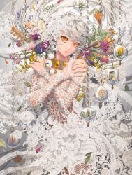 Rule 34 | 1girl, absurdres, bare shoulders, breasts, commentary, dress, english commentary, flower, frilled dress, frills, grey hair, highres, jewelry, lace, long hair, looking at viewer, minami (minami373916), nail polish, necklace, orange eyes, original, see-through, small breasts, solo, standing, white dress, yellow eyes