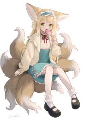 Rule 34 | 1girl, absurdres, animal ears, arknights, black footwear, blonde hair, blue hairband, blue skirt, bobby socks, candy, cardigan, commentary, cross-laced clothes, cross-laced skirt, food, fox ears, fox girl, fox tail, frilled hairband, frills, full body, hairband, high-waist skirt, highres, holding, holding candy, holding food, holding lollipop, invisible chair, kitsune, kyuubi, lollipop, long hair, long sleeves, looking at viewer, mary janes, medium skirt, multiple tails, neck ribbon, official alternate costume, open mouth, puffy long sleeves, puffy sleeves, red ribbon, ribbon, shirt, shoes, simple background, sitting, skirt, sleeves past wrists, socks, solo, suzuran (arknights), suzuran (spring praise) (arknights), tail, welt (kinsei koutenkyoku), white background, white shirt, white socks, yellow cardigan