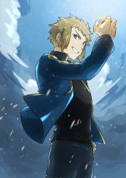 Rule 34 | 1boy, black pants, black shirt, blonde hair, blue eyes, blue jacket, cloud, commentary request, creatures (company), day, from below, game freak, grin, hand on own hip, hand up, highres, holding, holding poke ball, jacket, long sleeves, male focus, nintendo, open clothes, open jacket, outdoors, pants, pkpokopoko3, poke ball, poke ball (basic), pokemon, pokemon dppt, shirt, sky, smile, solo, spiked hair, teeth, volkner (pokemon)