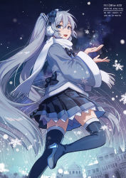 Rule 34 | 1girl, :d, black skirt, blue bow, blue eyes, blue footwear, blue hair, blue thighhighs, boots, bow, building, earmuffs, fen renlei, fringe trim, grey jacket, hair between eyes, hair bow, hatsune miku, high heel boots, high heels, jacket, long hair, long sleeves, looking at viewer, looking to the side, open mouth, pleated skirt, scarf, shoe soles, skirt, smile, snowflakes, solo, standing, standing on one leg, thigh boots, thighhighs, twintails, very long hair, vocaloid, white scarf, wide sleeves, yuki miku