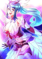 Rule 34 | 1girl, absurdres, armpits, bare shoulders, belt, blue eyes, blue hair, boots, breasts, cleavage, fire emblem, gloves, hair between eyes, highres, large breasts, long hair, midriff, midriff peek, navel, nintendo, open mouth, oribe tsubasa, ponytail, shorts, smile, solo, thigh boots, to (tototo tk), tokyo mirage sessions fe, very long hair