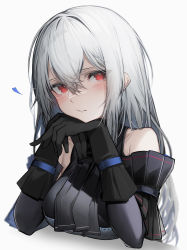 Rule 34 | 1girl, absurdres, arknights, ascot, bare shoulders, black ascot, black gloves, black shirt, black sleeves, blush, breasts, cropped torso, detached sleeves, gloves, grey hair, hair between eyes, hands up, head rest, heart, highres, looking at viewer, medium breasts, parted lips, red eyes, revision, shirt, simple background, skadi (arknights), skadi (elite ii) (arknights), sleeveless, sleeveless shirt, smile, solo, tab head, white background
