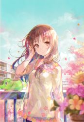 Rule 34 | 1girl, blouse, blurry, brown eyes, brown hair, chromatic aberration, closed mouth, commentary request, day, depth of field, flower, flower pot, fuzichoco, tucking hair, hand in own hair, hand up, highres, light smile, long hair, looking at viewer, original, outdoors, petals, pink flower, railing, shirt, smile, solo, standing, upper body, white shirt, yellow flower