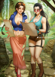 Rule 34 | 2girls, breasts, carlos vasseur, cleavage, clothing request, collarbone, cosplay, costume switch, crossover, day, female focus, lara croft, lara croft (cosplay), large breasts, legs together, long hair, midriff, multiple girls, navel, nico robin, nico robin (cosplay), nico robin (post-timeskip), one piece, outdoors, patreon logo, patreon username, standing, tomb raider