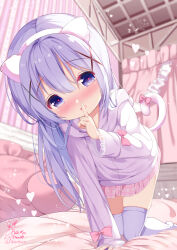 Rule 34 | 1girl, all fours, animal ears, blue eyes, blue hair, blush, bow, cat ears, cat tail, chinomaron, commentary request, curtains, fake animal ears, finger to mouth, frilled pillow, frills, gochuumon wa usagi desu ka?, hair between eyes, hair ornament, hairband, heart, heart-shaped pupils, highres, hood, hood down, hooded jacket, indoors, jacket, kafuu chino, long hair, no shoes, nose blush, on bed, pillow, pink bow, pink skirt, plaid, plaid skirt, pleated skirt, shushing, simple background, skindentation, skirt, solo, symbol-shaped pupils, tail, tail bow, tail ornament, thighhighs, twitter username, very long hair, white hairband, white jacket, white thighhighs, x hair ornament