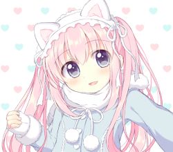 Rule 34 | 1girl, :d, animal ears, blue coat, blue eyes, blush, cat ears, coat, fingernails, frills, fringe trim, fur-trimmed sleeves, fur trim, hair between eyes, head tilt, heart, heart background, long hair, long sleeves, looking at viewer, open mouth, original, outstretched arm, pom pom (clothes), ribbon, riria (happy strawberry), scarf, sleeves past wrists, smile, solo, twintails, white background, white ribbon, white scarf