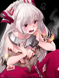 Rule 34 | 1girl, blush, bow, breasts, burnt clothes, buttons, chain, fire, flying sweatdrops, foul detective satori, fujiwara no mokou, grey shirt, hair bow, highres, long hair, mokoiscat, open mouth, pants, red eyes, red pants, shack, sharp teeth, shirt, small breasts, smoke, solo, teeth, touhou, white bow, white hair