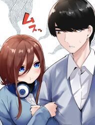 Rule 34 | &gt;:(, 1boy, 1girl, :t, angry, arm grab, black hair, blue eyes, blue sweater, blush, breasts, brown hair, casual, clenched teeth, closed mouth, collared shirt, commentary, couple, eyebrows hidden by hair, go-toubun no hanayome, hair between eyes, hair over one eye, headphones, headphones around neck, hetero, highres, jealous, large breasts, long hair, looking at another, mame1645, nakano miku, nose, pout, shirt, short hair, sidelocks, simple background, sleeves past wrists, sweatdrop, sweater, swept bangs, teeth, uesugi fuutarou, upturned eyes, v-shaped eyebrows, white background, white shirt, yellow eyes