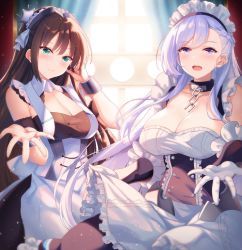 Rule 34 | 2girls, :d, apron, azur lane, belfast (azur lane), blue eyes, blush, braid, breasts, brown hair, chain, cleavage, collar, collarbone, commission, dress, french braid, frills, gloves, hair ornament, highres, large breasts, long hair, long sleeves, looking at viewer, maid, maid headdress, medium breasts, multiple girls, newcastle (azur lane), open mouth, puffy sleeves, raiou, reaching, reaching towards viewer, ribbon, sidelocks, silver hair, skeb commission, smile, white gloves