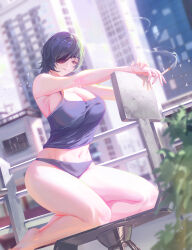 Rule 34 | 1girl, black hair, blurry, blurry background, blurry foreground, breasts, chainsaw man, cigarette, cleavage, dutch angle, eyepatch, from side, full body, highres, himeno (chainsaw man), holding, holding cigarette, huge breasts, kneeling, looking at viewer, midriff, navel, outdoors, sansan (dongfangzhong111), shirt, short hair, sleeveless, sleeveless shirt, smoking, solo, tank top