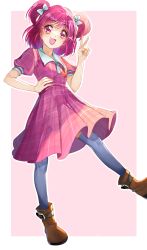Rule 34 | 1girl, :d, absurdres, blue thighhighs, border, bow, brown footwear, dress, hair bow, hand on own hip, highres, long hair, looking at viewer, medium dress, open mouth, outside border, pink dress, plaid, plaid dress, precure, red eyes, red hair, short sleeves, smile, solo, standing, standing on one leg, thighhighs, v, white border, white bow, yes! precure 5, yumehara nozomi, yuutarou (fukiiincho)