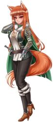 Rule 34 | 1girl, animal ears, armor, armored dress, brown hair, highres, holo, long hair, medieval, medieval clothing, racoon-kun, racoonkun, red eyes, spice and wolf, tail, wolf ears, wolf girl, wolf tail