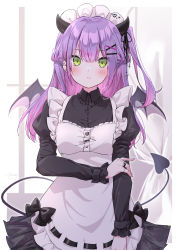 Rule 34 | absurdres, apron, barbell piercing, blush, choker, colored inner hair, demon girl, demon tail, ear piercing, fake horns, green eyes, hair ornament, hairclip, highres, holding, holding weapon, hololive, horned headwear, horns, industrial piercing, jewelry, long hair, looking at viewer, maid, maid apron, maid headdress, multicolored hair, nut megu, o-ring, o-ring choker, piercing, pink hair, pointy ears, purple hair, ring, streaked hair, tail, tail ornament, tokoyami towa, twintails, virtual youtuber, weapon