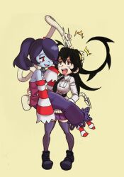 Rule 34 | 2girls, blue hair, blue skin, carrying, carrying person, colored skin, detached sleeves, dress, duruduru11, filia (skullgirls), full body, leviathan (skullgirls), looking at another, looking up, multiple girls, necktie, open mouth, pleated skirt, red eyes, samson (skullgirls), school uniform, skirt, skullgirls, squigly (skullgirls), standing, stitched mouth, stitches, striped sleeves, thighhighs, yellow background, zombie
