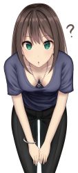 Rule 34 | 10s, 1girl, ?, absurdres, black hair, breasts, cleavage, commentary request, downblouse, eyebrows, green eyes, highres, idolmaster, idolmaster cinderella girls, jewelry, leaning forward, long hair, looking at viewer, medium breasts, mizukoshi (marumi), shibuya rin, shirt, simple background, solo, v arms, white background