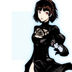 Rule 34 | 10s, 1girl, black gloves, breasts, brown hair, cleavage, cleavage cutout, clothing cutout, cosplay, dh (brink of memories), gloves, highres, limited palette, long hair, medium breasts, nier:automata, nier (series), niijima makoto, persona, persona 5, red eyes, shadow, short hair, solo, standing, white background, 2b (nier:automata) (cosplay)