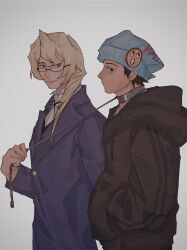 Rule 34 | 2boys, absurdres, ace attorney, badge, beanie, beard stubble, black eyes, black hair, black jacket, blonde hair, blue eyes, blue hair, blue jacket, buttons, closed mouth, collar, collared shirt, double vertical stripe, drawstring, drill hair, facial hair, glasses, grey background, hat, highres, holding, holding leash, hood, hood down, hooded jacket, jacket, kristoph gavin, lapels, leash, light smile, long sleeves, looking at viewer, male focus, marikmame, medium hair, metal collar, multiple boys, neck ribbon, phoenix wright, profile, ribbon, shirt, short hair, simple background, stubble, suit jacket, upper body, white shirt