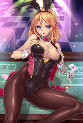 Rule 34 | 1girl, animal ears, blonde hair, blue eyes, bow, bowtie, breasts, card, checkered floor, cleavage, coattails, detached collar, fake animal ears, fishnet pantyhose, fishnets, floor, highres, houtengeki, open clothes, open mouth, open vest, original, pantyhose, playboy bunny, poker, rabbit ears, short hair, solo, vest, wrist cuffs