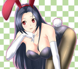 Rule 34 | 1girl, animal ears, bent over, blue hair, breasts, cleavage, elbow gloves, fake animal ears, gloves, hanging breasts, idolmaster, idolmaster (classic), large breasts, legs, leotard, lips, long hair, miura azusa, pantyhose, playboy bunny, rabbit ears, rabbit tail, red eyes, shougi (116), solo, tail, thighs