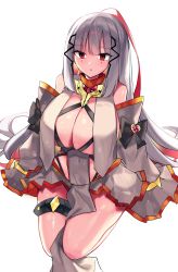 Rule 34 | 1girl, breast curtains, breasts, cleavage, covered navel, detached sleeves, highres, huge breasts, kamchrome, last origin, long hair, long sleeves, looking at viewer, mole, mole under eye, ponytail, red eyes, red hair, revealing clothes, see-through, silver hair, solo, wide sleeves