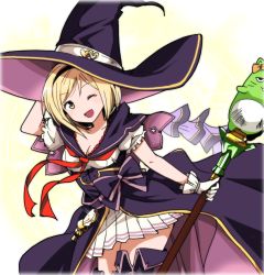 Rule 34 | 10s, 1girl, ;d, arm behind head, arm up, blonde hair, blush, bow, breasts, capelet, cat, cleavage, collarbone, djeeta (granblue fantasy), dress, frilled gloves, frilled sleeves, frills, gloves, granblue fantasy, hairband, hat, heart, holding, holding staff, idolmaster, idolmaster cinderella girls, kidachi, one eye closed, open mouth, orange bow, pina korata, pleated dress, puffy short sleeves, puffy sleeves, purple bow, purple hat, purple thighhighs, sailor collar, sash, short dress, short hair, short sleeves, showgirl skirt, simple background, smile, solo, sparkle, staff, thighhighs, warlock (granblue fantasy), white background, white gloves, wizard hat, yellow eyes, zettai ryouiki