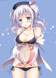Rule 34 | 10s, 1girl, :o, bad id, bad twitter id, ball, beachball, bikini, bikini under clothes, blue eyes, blush, breasts, cleavage, front-tie top, kantai collection, kashima (kancolle), large breasts, looking at viewer, lowleg, lowleg bikini, navel, open clothes, open shirt, shiny skin, shirt, side-tie bikini bottom, silver hair, solo, sousouman, swimsuit, swimsuit under clothes, tsurime, twintails, wavy hair