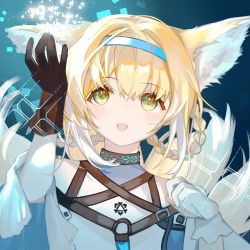 Rule 34 | 1girl, :d, animal ear fluff, animal ears, annnnq, arknights, arm up, bare shoulders, black gloves, blonde hair, blue hairband, braid, braided hair rings, commentary request, fox ears, fox girl, fox tail, gloves, green eyes, hair between eyes, hair rings, hairband, hand up, highres, multicolored hair, open mouth, shirt, smile, solo, suzuran (arknights), tail, twin braids, two-tone hair, upper body, white hair, white shirt
