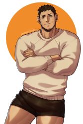 Rule 34 | 1boy, alternate costume, bara, black male underwear, boxers, brown hair, bulge, casual, contrapposto, cowboy shot, crossed arms, haikyuu!!, jimsdaydreams, looking at viewer, male focus, male underwear, muscular, muscular male, no pants, sawamura daichi, short hair, sideburns, smile, solo, sweater, thick thighs, thighs, underwear, white sweater