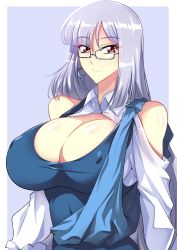 Rule 34 | 1girl, absurdres, breasts, brown eyes, cleavage, covered erect nipples, glasses, gundam, gundam zz, haganef, highres, huge breasts, long hair, looking to the side, purple background, purple hair, roux louka, smile, solo