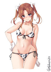 Rule 34 | 1girl, animal print, bikini, bow, breasts, brown hair, collarbone, cow print, cowboy shot, ebifurya, front-tie top, gloves, hair bow, hand on own hip, highres, kagerou (kancolle), kantai collection, long hair, looking at viewer, medium breasts, navel, one-hour drawing challenge, parted bangs, purple eyes, side-tie bikini bottom, simple background, swimsuit, twintails, twitter username, white background, white bow, white gloves