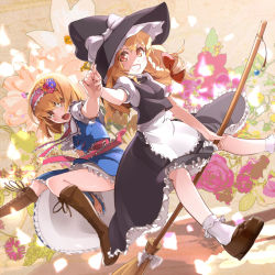 Rule 34 | 2girls, alice margatroid, bad id, bad pixiv id, blonde hair, bobby socks, boots, bow, broom, capelet, cross-laced footwear, dress, female focus, flower, hair bow, hairband, holding hands, hat, hat bow, highres, hand grab, kirisame marisa, lace-up boots, loafers, long hair, multiple girls, pemu, pomon illust, ribbon, sash, shoes, short hair, socks, touhou, white legwear, yellow eyes