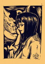 Rule 34 | 1girl, 2018, animal, blunt bangs, border, claws, collared shirt, commentary, dated, english commentary, eyelashes, highres, light smile, long hair, looking at viewer, monochrome, nico robin, one piece, profile, sharp teeth, sherumaru (korcht06), shirt, signature, sunglasses, teeth, upper body, whiskers