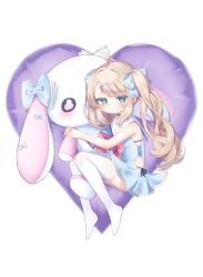 Rule 34 | 1girl, ahoge, bare arms, bare shoulders, blue bow, blue dress, blue eyes, bow, brown hair, commentary request, dress, frilled dress, frilled sailor collar, frills, full body, hair bow, hair ornament, hairclip, heart, heart-shaped pupils, highres, kokone (coconeeeco), long hair, multicolored hair, no shoes, hugging object, original, pink hair, pleated dress, red bow, sailor collar, sailor dress, simple background, sleeveless, sleeveless dress, solo, streaked hair, stuffed animal, stuffed rabbit, stuffed toy, swept bangs, symbol-shaped pupils, thighhighs, twintails, very long hair, white background, white sailor collar