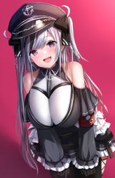 Rule 34 | 1girl, :d, alternate breast size, armband, azur lane, bare shoulders, between breasts, black bow, black gloves, black hat, black legwear, bow, breasts, cleavage, clothing cutout, cowboy shot, detached sleeves, elbe (azur lane), eyelashes, fang, forehead, frilled skirt, frilled sleeves, frills, gloves, hands on own knees, hat, highres, huge breasts, leaning forward, long hair, looking at viewer, manda (manda9n), multicolored eyes, open mouth, parted bangs, red background, shadow, sidelocks, silver hair, simple background, skin fang, skirt, smile, solo, tongue, two side up