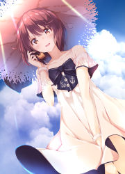 Rule 34 | 1girl, absurdres, bad id, bad pixiv id, bare shoulders, blue neckwear, blue ribbon, blue sky, blush, bracelet, brown eyes, brown hair, cloud, cloudy sky, collarbone, cowboy shot, day, dress, flat chest, from above, hair between eyes, hand on headwear, hat, headset, highres, jewelry, kantai collection, md5 mismatch, numpopo, open mouth, outdoors, resolution mismatch, ribbon, short hair, sky, smile, solo, spaghetti strap, speaking tube headset, straw hat, sun hat, sundress, sunlight, teeth, white dress, yukikaze (kancolle)