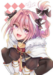Rule 34 | 1boy, argyle, argyle background, arm support, arms between legs, artist name, astolfo (fate), black bow, black shirt, black thighhighs, blush stickers, boots, bow, braid, cape, dated, fang, fate/apocrypha, fate/grand order, fate (series), fur-trimmed cape, fur trim, hair bow, hair intakes, kevn, long braid, male focus, multicolored hair, open mouth, pink hair, purple eyes, shirt, signature, simple background, single braid, sitting, skin fang, skirt, smile, solo, streaked hair, thighhighs, trap, two-tone hair, white background, white cape, white footwear, white hair