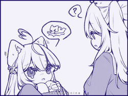 2girls ? aged_down ahoge animal_ear_fluff animal_ear_piercing animal_ears artist_name bandaid bandaid_on_knee bandaid_on_leg black_border border cat_ears chibi chibi_only colored_tips crying crying_with_eyes_open double-parted_bangs dripping_eye eye_contact forever9nine greyscale hair_between_eyes half_up_braid heart heart_ahoge hololive hugging_own_legs kindergarten_uniform long_hair looking_at_another monochrome multicolored_hair multiple_girls shishiro_botan spoken_character spoken_expression spoken_question_mark streaked_hair tears two_side_up very_long_hair virtual_youtuber wavy_eyes yukihana_lamy