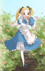 Rule 34 | 1girl, alice (alice in wonderland), alice in wonderland, apron, blonde hair, brown eyes, clenched hands, day, dress, hair ribbon, lingerie, outdoors, pantyhose, petticoat, ribbon, running, smile, solo, tomiwo, twintails, underwear, white pantyhose