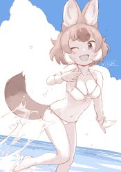 Rule 34 | 1girl, ;d, animal ear fluff, animal ears, bare legs, bare shoulders, barefoot, bikini, blue sky, breasts, cloud, commentary, dhole (kemono friends), dog ears, dog girl, dog tail, extra ears, front-tie bikini top, front-tie top, gloves, highres, kemono friends, looking at viewer, masuyama ryou, medium breasts, multicolored hair, navel, one eye closed, open mouth, short hair, side-tie bikini bottom, sketch, sky, smile, solo, splashing, spot color, swimsuit, tail, water