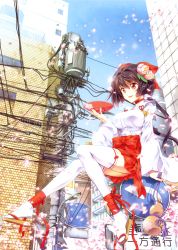 Rule 34 | 1girl, absurdres, alcohol, ankle ribbon, ankle wrap, black hair, breasts, brown hair, building, cable, cherry blossoms, choker, clog sandals, cup, flower, gourd, hair flower, hair ornament, highres, huge filesize, japanese clothes, kaishaku, kimono, lamppost, large breasts, lawson, leg ribbon, legs, miko, non-web source, nontraditional miko, original, petals, pole, power lines, red eyes, ribbon, road sign, sakazuki, sake, sandals, scan, sign, sitting, skirt, thighhighs, transformer, white thighhighs, zouri