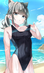 Rule 34 | 1girl, absurdres, animal ear fluff, animal ears, beach, black one-piece swimsuit, blue archive, blue eyes, blue sky, breasts, clothes pull, cloud, competition swimsuit, contrail, covered navel, cowboy shot, cross hair ornament, day, extra ears, grey hair, hair ornament, halo, highres, horizon, low ponytail, medium breasts, medium hair, mismatched pupils, multicolored clothes, multicolored swimsuit, ocean, one-piece swimsuit, one-piece swimsuit pull, outdoors, shiroko (blue archive), shiroko (swimsuit) (blue archive), sky, solo, swimsuit, wet, wet clothes, wet swimsuit, yamada seimei
