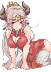 Rule 34 | 10s, 1girl, aliza (granblue fantasy), bad anatomy, bad hands, blush, breasts, chinese clothes, cleavage, cleavage cutout, clothing cutout, draph, dress, earrings, female focus, granblue fantasy, heo (tkgm), horns, jewelry, kneeling, large breasts, long hair, looking at viewer, pointy ears, ponytail, poorly drawn, red dress, red eyes, silver hair, simple background, solo, thighhighs, white background, white thighhighs
