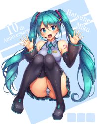 Rule 34 | 1girl, aqua hair, aqua necktie, bare shoulders, black skirt, black thighhighs, blue eyes, blush, breasts, detached sleeves, full body, hair between eyes, hair ornament, hands up, hatsune miku, highres, knees together feet apart, large breasts, long hair, looking at viewer, microphone, microskirt, necktie, open mouth, panties, pantyshot, pleated skirt, sitting, skirt, smile, solo, striped clothes, striped panties, thighhighs, twintails, underwear, very long hair, vocaloid, yuki usagi (snowcanvas)