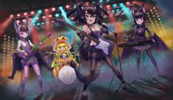 Rule 34 | 4girls, absurdres, alternate design, animal ears, aqua eyes, armband, arms up, artist name, ascot, band, bare shoulders, bat ears, bat girl, bat wings, big hair, black hair, blonde hair, bone necklace, center frills, cerberus (kemono friends), closed mouth, collar, common vampire bat (kemono friends), concert, cutoffs, drum, drum set, drumsticks, dual persona, dutch angle, elbow gloves, extra ears, fang, fang out, fingerless gloves, frills, full body, gloves, glowing, glowing hair, grin, guitar, halloween, hand up, head wings, highres, holding, holding drumsticks, holding microphone, instrument, jack-o&#039;-lantern (kemono friends), japari symbol, kemono friends, keyboard (instrument), pantyhose under shorts, long hair, long sleeves, looking at viewer, medium hair, microphone, microphone stand, miniskirt, multicolored hair, multiple girls, music, neukkom, open mouth, pantyhose, parted bangs, pumpkin hat, purple eyes, purple hair, scar, scar across eye, scar on face, shirt, shorts, sidelocks, singing, skirt, smile, smoke, spiked collar, spikes, stage, standing, stomach, strapless, tube top, very long hair, wings
