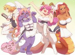Rule 34 | 4girls, :3, :d, animal ears, animal hands, apron, arm up, bird legs, blonde hair, braid, breasts, brown eyes, cat ears, cat paws, cat tail, centauroid, cleavage, closed mouth, collarbone, corset, dark-skinned female, dark skin, extra breasts, fang, feathered wings, full body, furry, furry female, goat ears, goat horns, green eyes, hair between eyes, hair over one eye, half-closed eyes, harpy, highres, holding, holding pen, horns, ishuzoku reviewers, lamia, large breasts, long hair, looking at viewer, midriff, monster girl, multiple girls, navel, open mouth, orange eyes, paw pose, pen, pink hair, pointy ears, purple fur, reki (arequa), scales, short hair, single braid, smile, snout, standing, standing on one leg, tail, talons, taur, tongue, tongue out, translation request, waist apron, white headwear, wings, yellow eyes