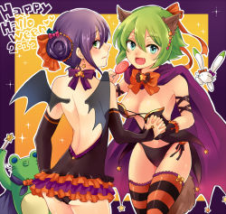 Rule 34 | 10s, 2012, 2girls, animal ears, aquarion (series), aquarion evol, bat wings, blue eyes, bow, breasts, candy, cape, cleavage, fang, food, frilled skirt, frills, green eyes, green hair, hair bun, halloween, happy halloween, lollipop, medium breasts, mikono suzushiro, multiple girls, panties, purple hair, ribbon, shishina, short hair, shush (aquarion evol), single hair bun, skirt, star (symbol), striped clothes, striped legwear, striped thighhighs, tail, tama (aquarion), thighhighs, underwear, wand, wings, zessica wong