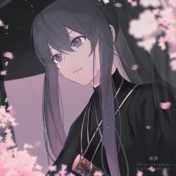 Rule 34 | 1girl, black hair, black kimono, blurry, blurry foreground, closed mouth, commentary request, depth of field, flower, grey eyes, hair between eyes, japanese clothes, katana, kimono, long hair, looking away, original, petals, pink flower, pixiv id, ponytail, sidelocks, smile, solo, sword, upper body, weapon, yuizayomiya