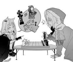 Rule 34 | 2girls, ^^^, animal ear fluff, animal ears, arknights, black jacket, board game, cat ears, cat girl, cat tail, chess, doctor (arknights), holding chess piece, hood, hood down, hooded jacket, jacket, monochrome, multiple girls, octodeco, projekt red (arknights), rosmontis (arknights), surprised, tail