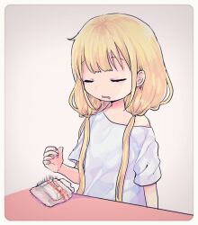 Rule 34 | 1girl, blonde hair, bread, bread slice, closed eyes, comeco, drooling, dropping, food, futaba anzu, idolmaster, idolmaster cinderella girls, long hair, low twintails, parted lips, shirt, single bare shoulder, sleepy, solo, t-shirt, twintails, upper body
